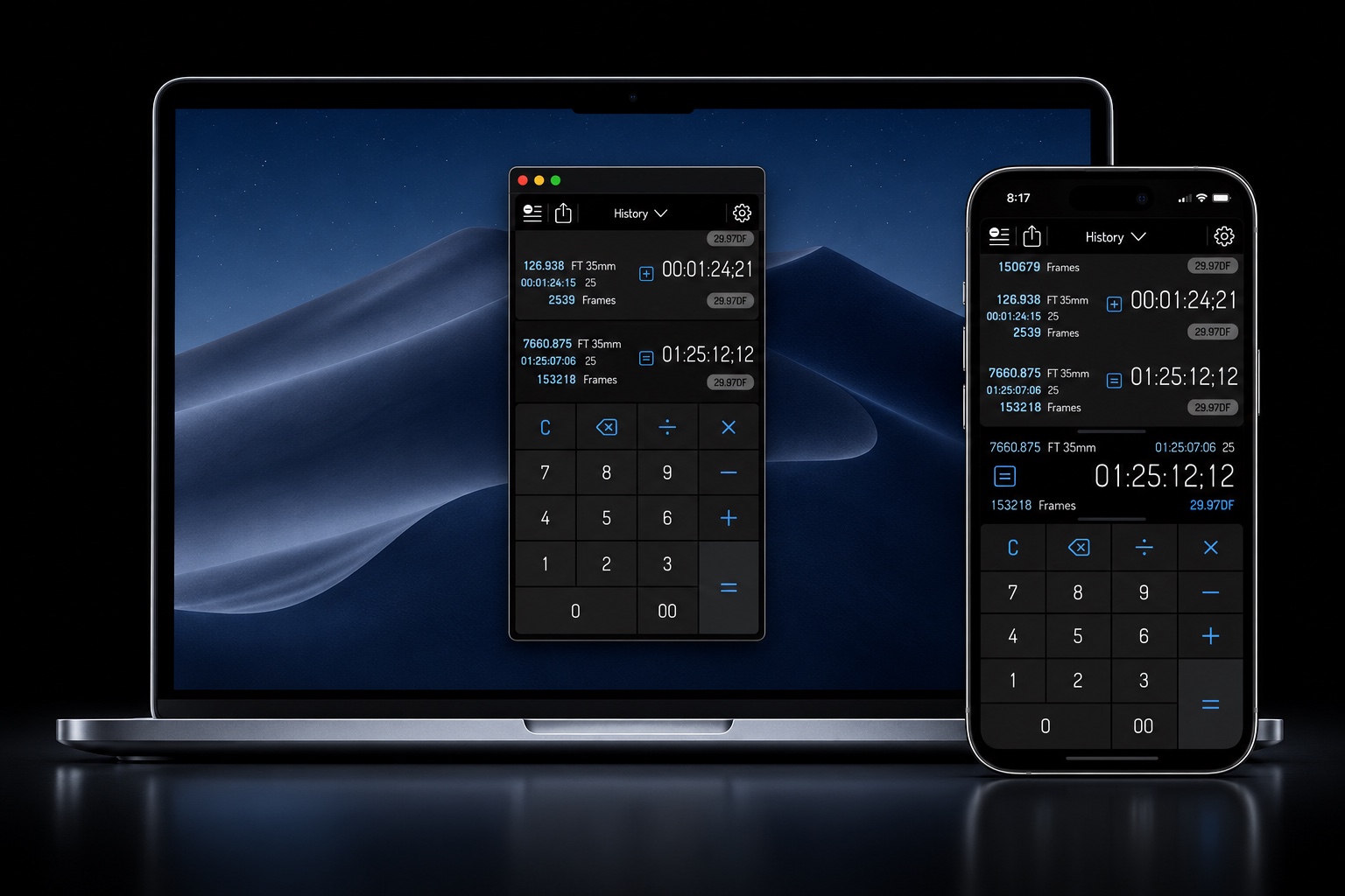 Illustration of Timecode Pro on a Mac beside an iPhone