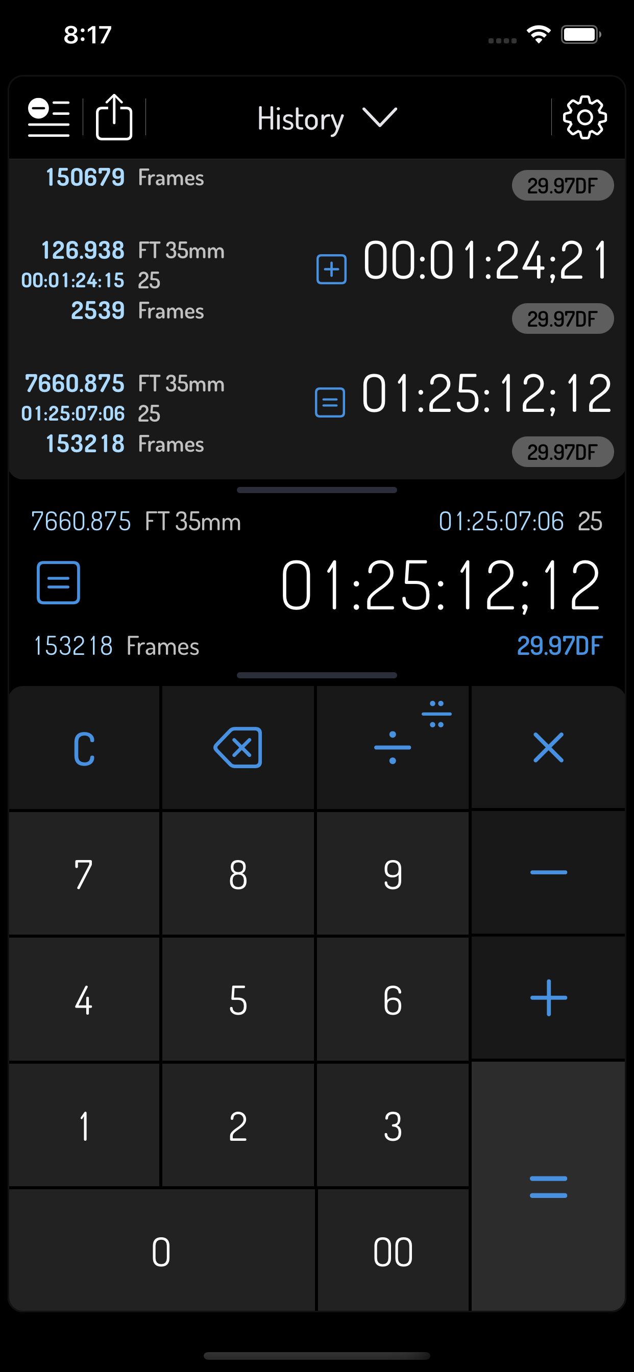Actual iPhone screenshot showing timecode arithmetic, three comparison values and calculation history