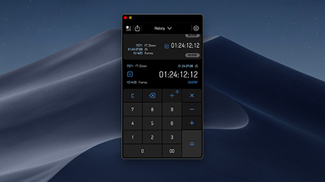Actual Mac app screenshot showing the compact Timecode calculator and history